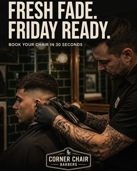 Barber finishing a skin fade, headline 'Fresh fade. Friday ready.'