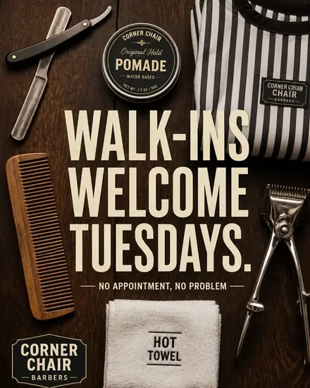 Barber tools flat lay, headline 'Walk-ins welcome Tuesdays.'