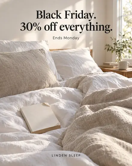 Linen bed, headline 'Black Friday. 30% off everything.'