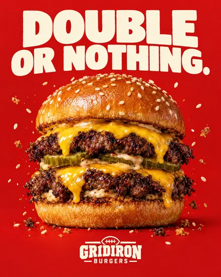 Burger ad on red, headline 'Double or nothing.'