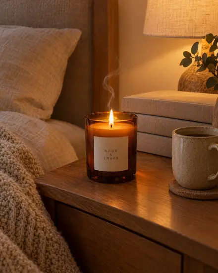 Lit candle on a bedside table in warm evening light