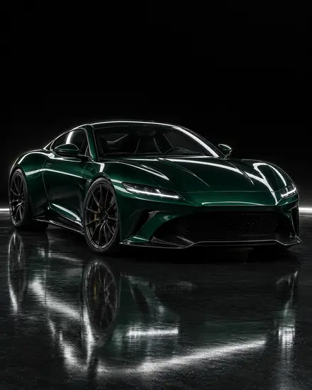 Dark green sports car in a black studio with rim lighting