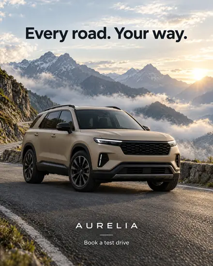 SUV on a mountain pass, headline 'Every road. Your way.'
