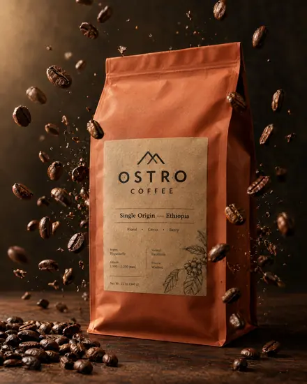 Coffee bag with roasted beans flying around it