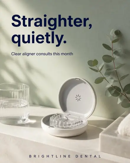 Clear aligner case on a stone shelf, headline 'Straighter, quietly.'