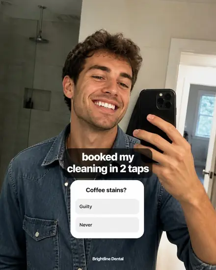 Phone selfie of a smiling man, caption 'booked my cleaning in 2 taps' with a poll sticker