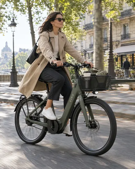 Woman riding an olive e-bike down a leafy boulevard