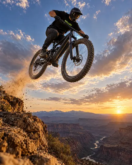 Mountain biker in mid-air above a canyon at golden hour