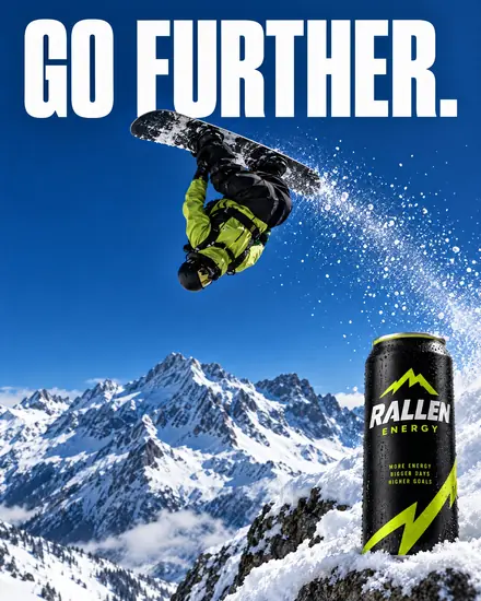 Snowboarder backflip ad, headline 'Go further.'