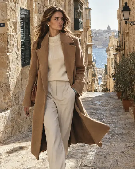 Model in a camel coat walking down a sunlit stone street