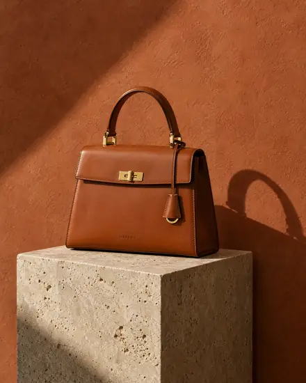 Cognac leather handbag on a stone pedestal against a terracotta wall