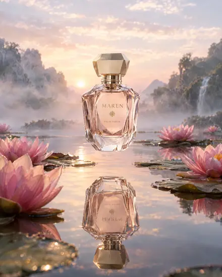 Perfume bottle floating above a lily pond at dawn