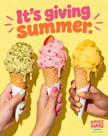 Three gelato cones on yellow, headline 'It's giving summer.'