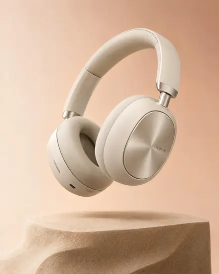 Cream wireless headphones floating above a sand plinth