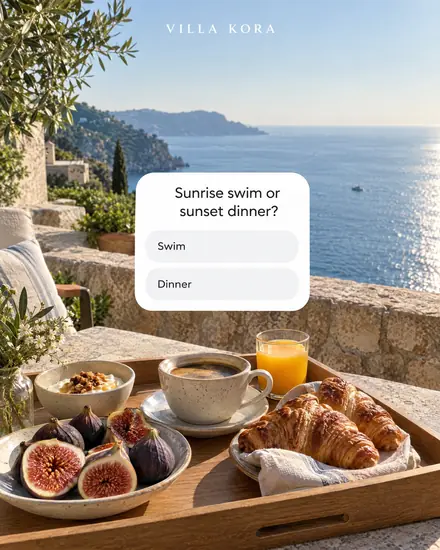 Story with a poll sticker over a seaside breakfast: 'Sunrise swim or sunset dinner?'