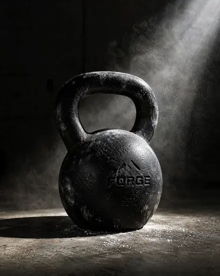 Black kettlebell in a beam of light with chalk dust