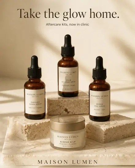 Amber serum bottles on travertine, headline 'Take the glow home.'