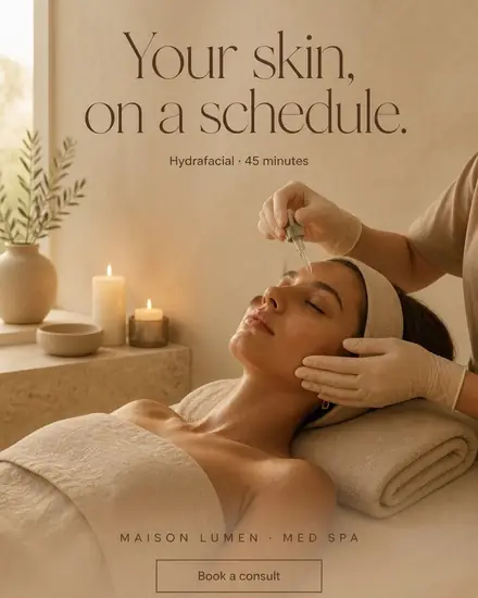 Med spa ad, woman receiving a hydrating facial, headline 'Your skin, on a schedule.'