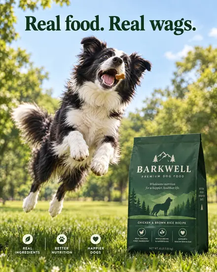 Border collie leaping for a treat, headline 'Real food. Real wags.'