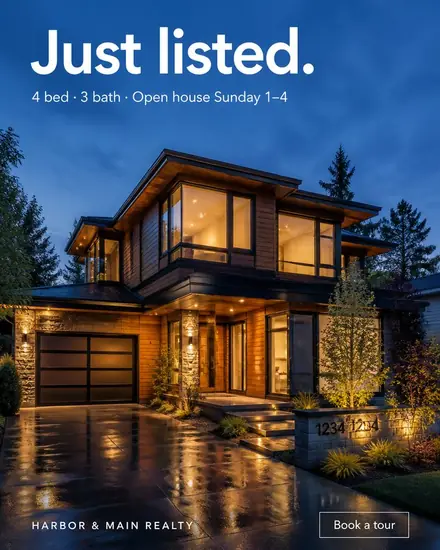 Modern home at dusk, headline 'Just listed.' with open house details