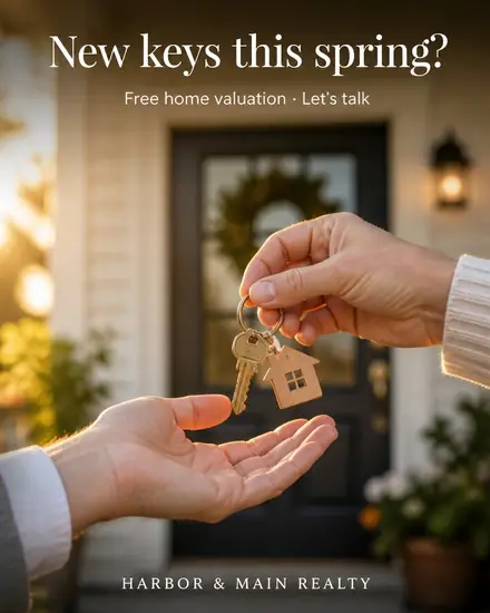 Hands passing house keys, headline 'New keys this spring?'