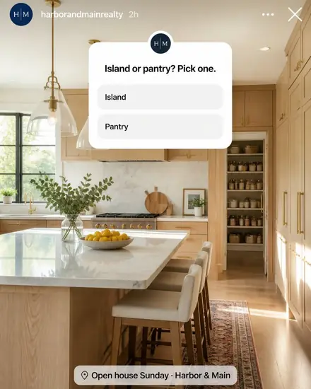 Bright kitchen with a story poll: 'Island or pantry? Pick one.'