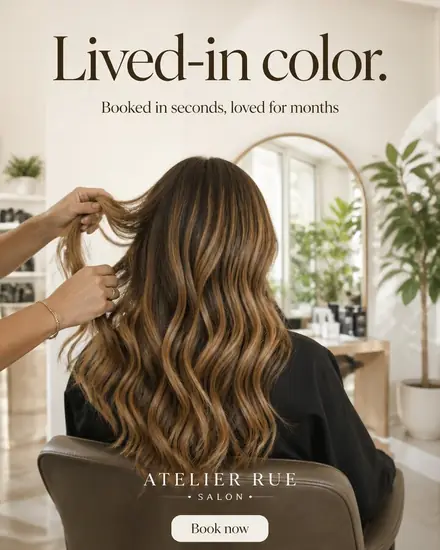 Salon ad showing honey balayage waves, headline 'Lived-in color.'