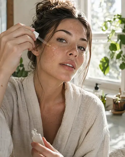Woman applying serum in a sunlit bathroom