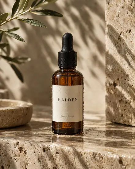 Amber serum bottle on wet travertine in morning light