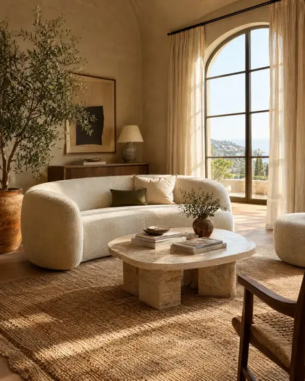 Sunlit living room with a curved boucle sofa