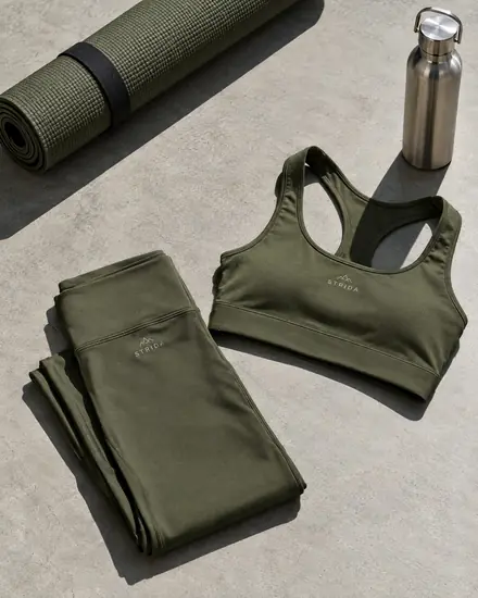 Olive leggings and sports bra on concrete with a yoga mat