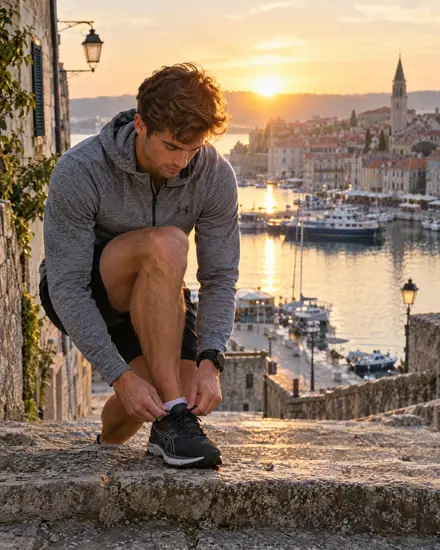Runner tying his shoe on old stone steps above a harbour at sunrise