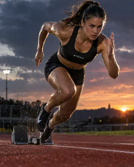 Sprinter bursting out of the starting blocks at dusk
