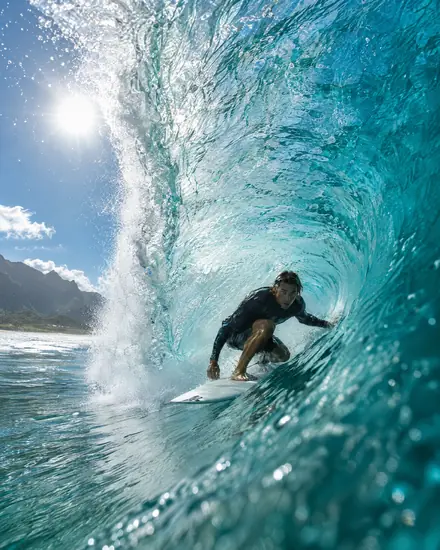 Surfer crouched inside a turquoise barrel wave