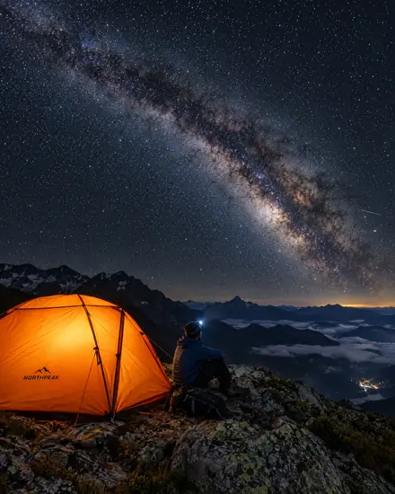 Glowing tent on a mountain ridge under the Milky Way